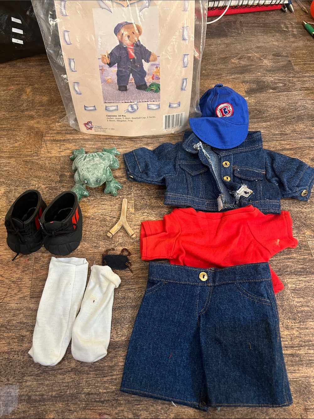 Children's Denim Doll Outfit with Blue Cap and Red Shirt
